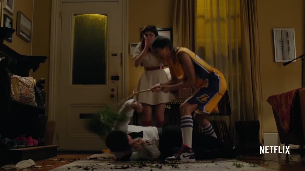 Adidas And Los Angeles Lakers T-Shirt, Shorts and Nike Shoes Worn by Shelley Hennig in When We First Met (2018) (Image 1)
