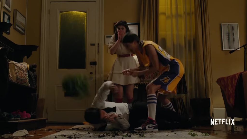 Adidas And Los Angeles Lakers T-Shirt, Shorts and Nike Shoes Worn by Shelley Hennig in When We First Met (2018) (Image 2)