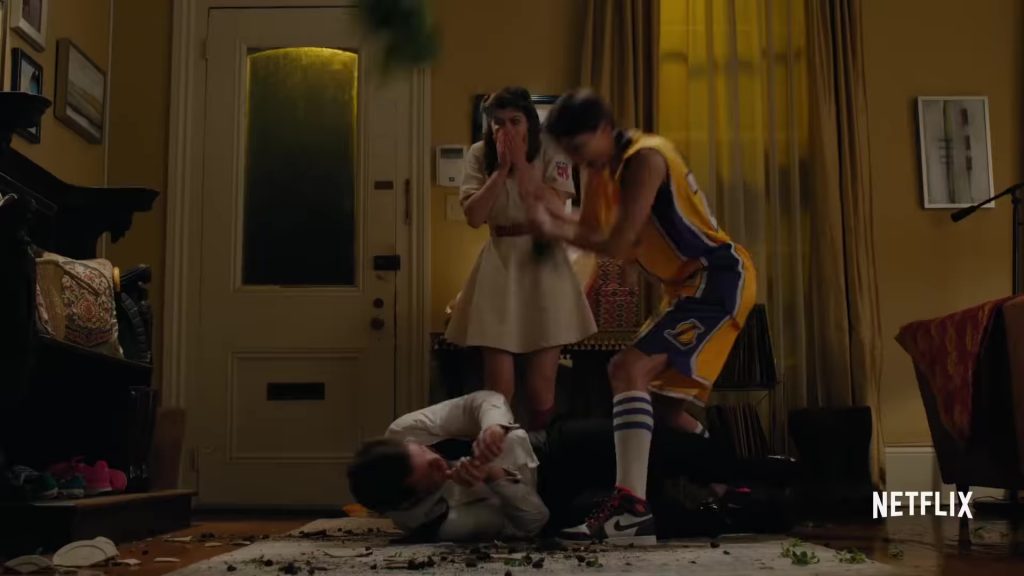 Adidas And Los Angeles Lakers T-Shirt, Shorts and Nike Shoes Worn by Shelley Hennig in When We First Met (2018) (Image 3)
