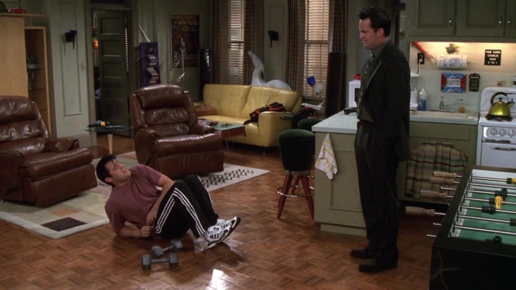 Adidas Sneakers and Trackpants Worn by Matt LeBlanc (Joey Tribbiani) in Friends Season 6 Episode 4 “The One Where Joey Loses His Insurance” (1999) (Image 1)