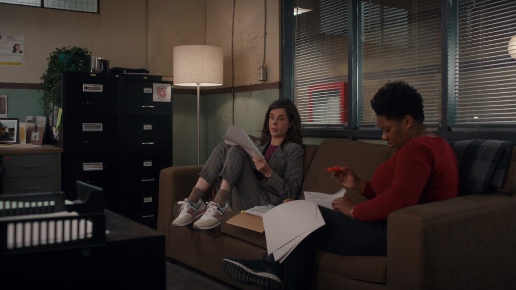 New Balance 574 Sneakers of Cast Member Meredith MacNeill as Sam Wazowski in Pretty Hard Cases S01E08 “Flowers” (2021) (Image 1)