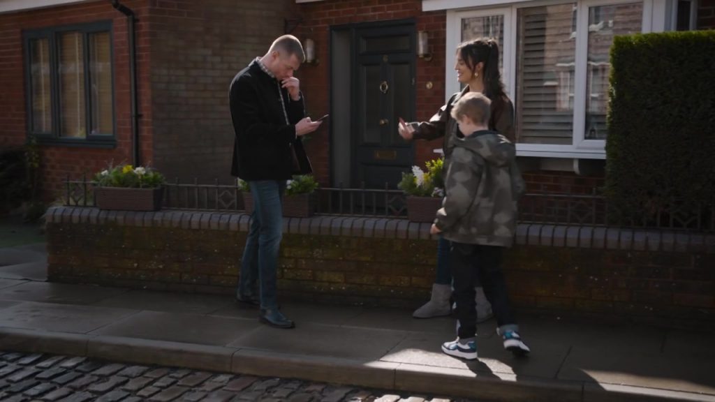 Next White-Blue touch fastening elastic lace trainers in Coronation Street S67E104 Episode 11866 (2026) (Image 1)