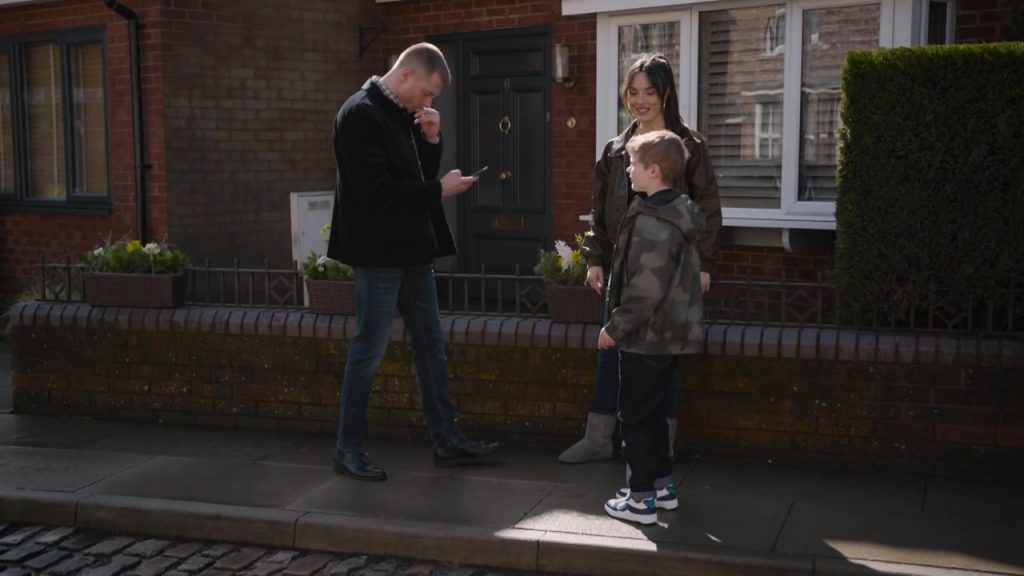 Next White-Blue touch fastening elastic lace trainers in Coronation Street S67E104 Episode 11866 (2026) (Image 2)