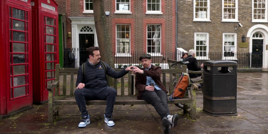 Nike AJ 1 High University Blue Sneakers of Jason Sudeikis in Ted Lasso S02E12 “Inverting the Pyramid of Success” (2021) (Image 1)