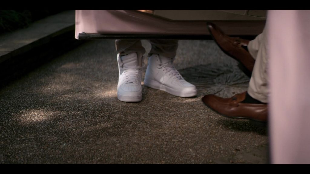 Nike Air Force 1 High Top White Sneakers of Myles Evans as Miles Taylor in Teenage Bounty Hunters S01E04 “Basically Pluto” (2020) (Image 1)