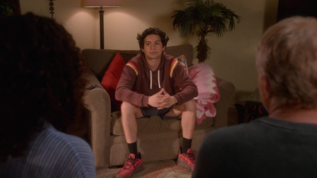 Nike Air Max 270 React University Red Sneakers of Xolo Maridueña as Miguel Diaz in Cobra Kai S04E07 “Minefields” (2021) (Image 1)