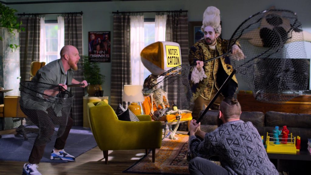 Nike Air Max 90 White-Blue-Black Trainers of Broden Kelly in Aunty Donna's Big Ol' House of Fun S01E04 “Dating” (2020) (Image 1)