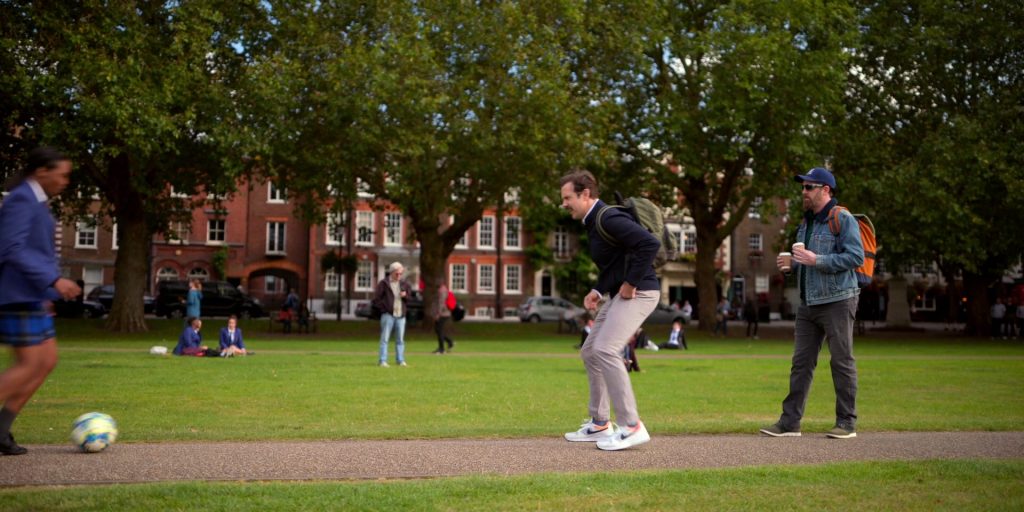 Nike Air Pegasus 92 White-Orange Shoes Worn by Jason Sudeikis in Ted Lasso S01E02 “Biscuits” (2020) (Image 1)