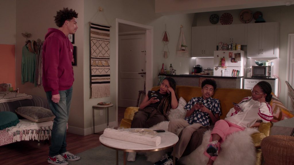 Nike Blazer Mid Bleached Tie Dye Sneakers of Marcus Scribner as Andre ‘Junior' Johnson Jr. in Black-ish S07E21 “Urban Legend” (2021) (Image 1)