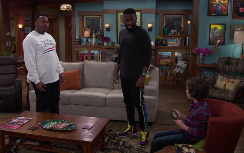 Nike Jordan 1 Colored High Top Sneakers of Sheaun McKinney as Malcolm in The Neighborhood S03E02 “Welcome to the Election” (2020) (Image 1)
