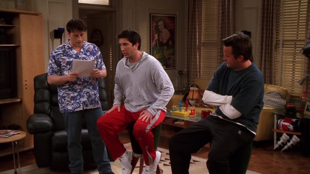 Nike Red Track Pants and White Sneakers Worn by David Schwimmer (Ross Geller) in Friends Season 8 Episode 20 “The One With the Baby Shower” (2002) (Image 1)
