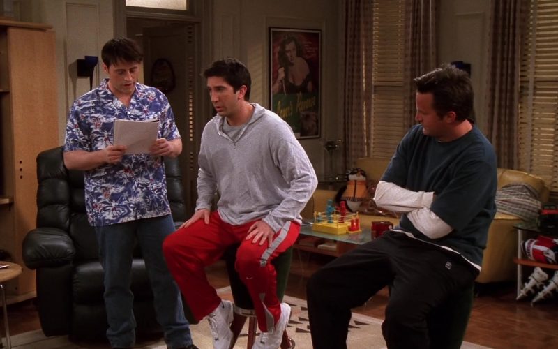 Nike Red Track Pants and White Sneakers Worn by David Schwimmer (Ross Geller) in Friends Season 8 Episode 20 “The One With the Baby Shower” (2002) (Image 1)