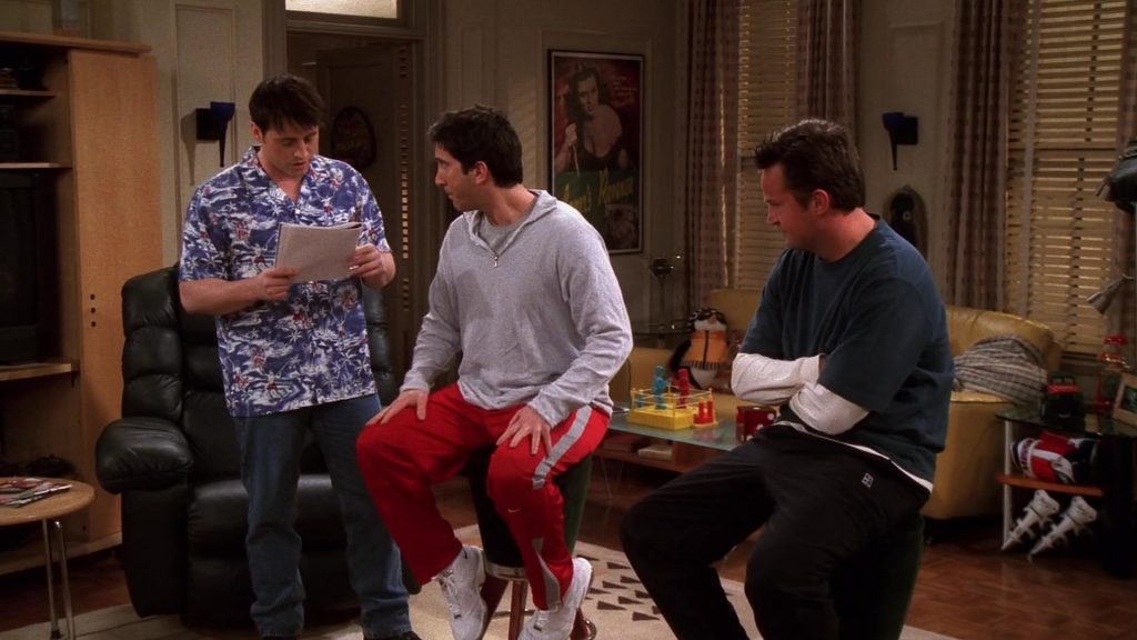 Nike Red Track Pants and White Sneakers Worn by David Schwimmer (Ross Geller) in Friends Season 8 Episode 20 “The One With the Baby Shower” (2002) (Image 2)