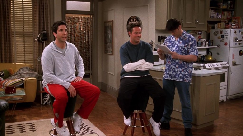 Nike Red Track Pants and White Sneakers Worn by David Schwimmer (Ross Geller) in Friends Season 8 Episode 20 “The One With the Baby Shower” (2002) (Image 3)