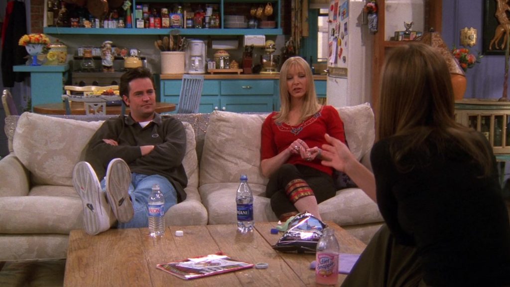 Nike Shoes Worn by Matthew Perry (Chandler Bing), Dasani Water and Diet Snapple Tea in Friends Season 6 Episode 19 “The One With Joey’s Fridge” (2000) (Image 1)