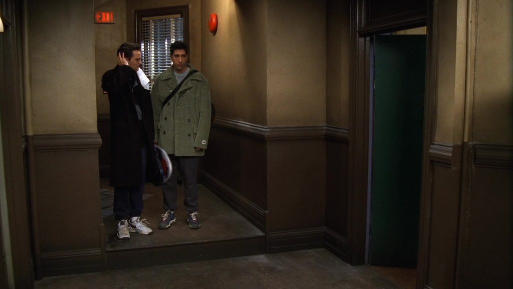 Nike Sneakers Worn by Matthew Perry (Chandler Bing) & Nike Shoes Worn by David Schwimmer (Ross Geller) in Friends Season 3 Episode 19 “The One With the Tiny T-Shirt” (1997) (Image 1)